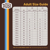 Adult shoe size chart with EU, UK, US sizes and heel-to-toe measurements on a brown background.