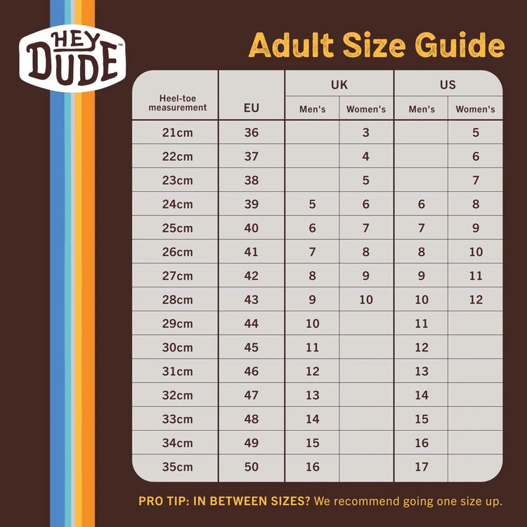 Adult shoe size chart with EU, UK, US sizes and heel-to-toe measurements on a brown background.