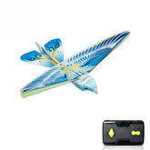 Blue and green remote control flying bird toy with colorful feather patterns, lightweight design