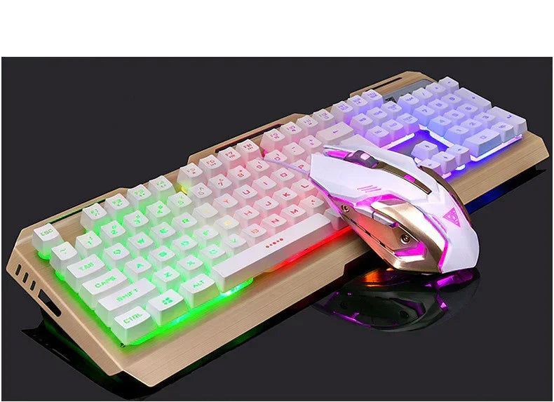White mechanical gaming keyboard and mouse with RGB backlighting on a black surface