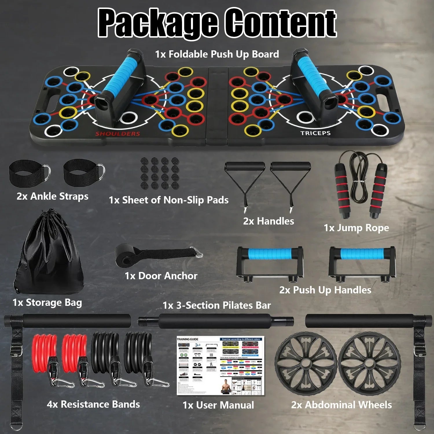Home workout equipment set with foldable push up board, resistance bands, pilates bar, jump rope, handles, and abdominal wheels on a grey background.