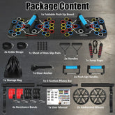 Home workout equipment set with foldable push up board, resistance bands, pilates bar, jump rope, handles, and abdominal wheels on a grey background.
