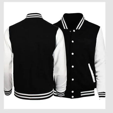 Black and white varsity jacket with button front, striped collar, cuffs, and hem, regular fit.