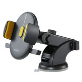 Black and yellow adjustable phone holder with suction cup mount, plastic material, tech accessory.