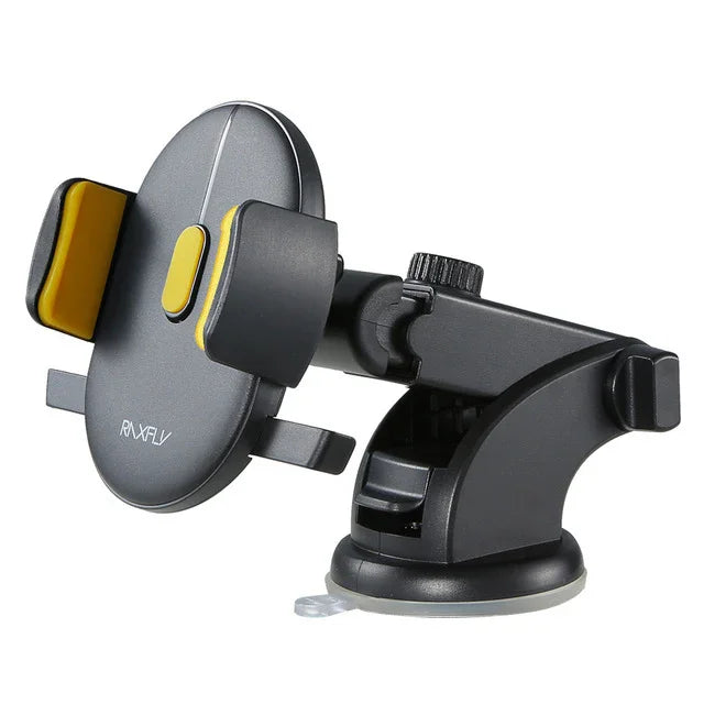 Black and yellow adjustable phone holder with suction cup mount, plastic material, tech accessory.