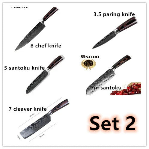 Set of five kitchen knives including chef, santoku, paring, and cleaver styles with dark wood handles.