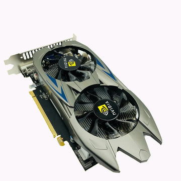 Close-up of a gray and black dual-fan graphics card with metallic accents
