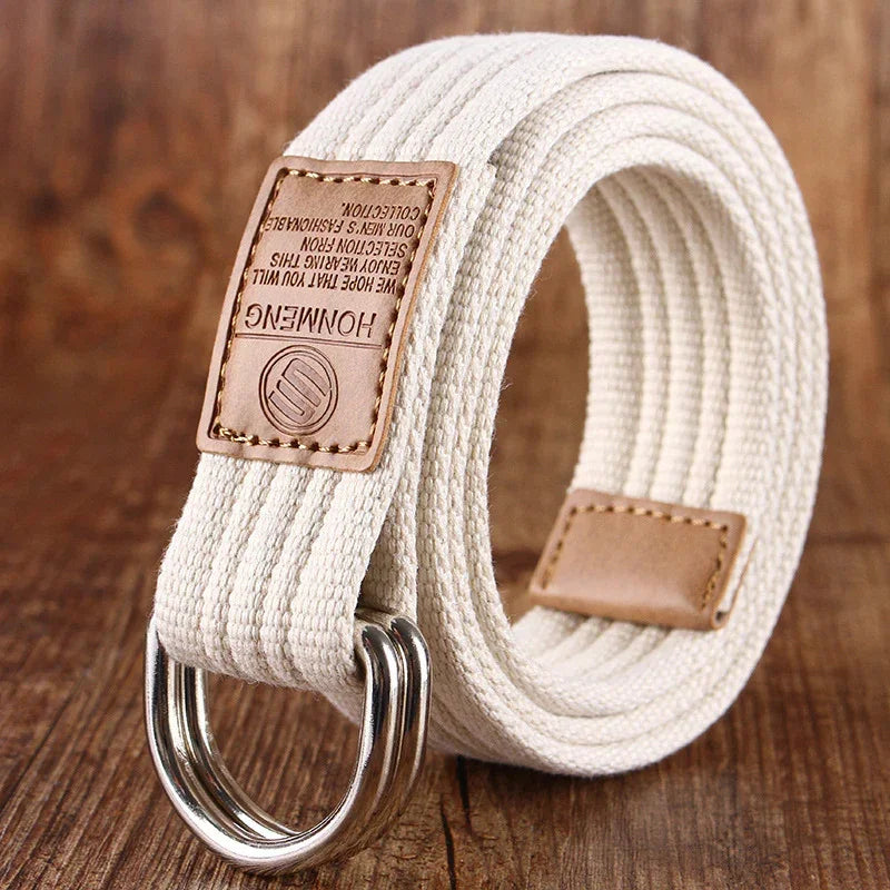 Beige canvas belt with double D-ring buckle and tan leather accents, casual streetwear accessory