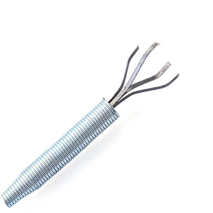 Flexible metal claw grabber tool with silver spring handle and four prongs