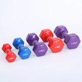 Hex dumbbells in red, blue, and purple, glossy finish, varying weights from 1kg to 5kg
