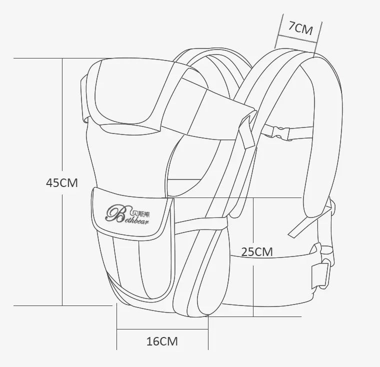 Sketch of ergonomic baby carrier with adjustable padded straps, fabric material, and labeled dimensions.