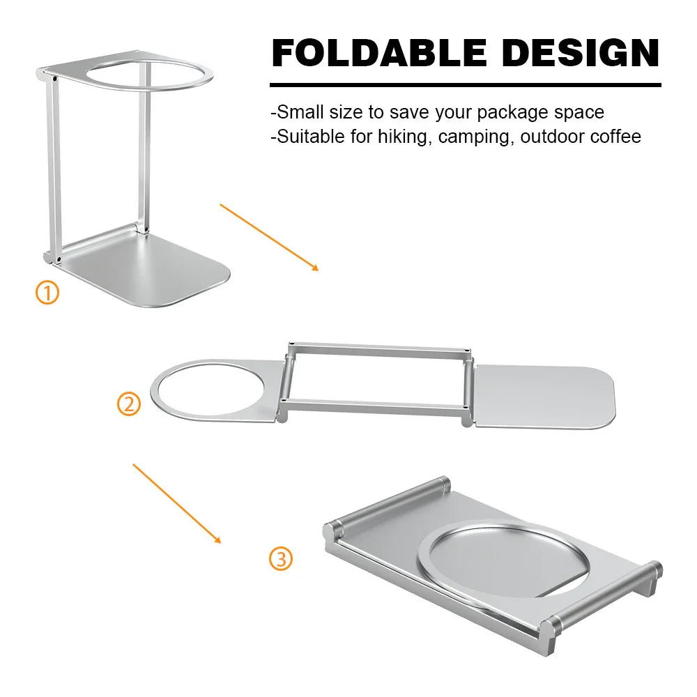Foldable silver metal cup holder stand shown in three stages: upright, partially collapsed, and fully flat, with text highlighting its compact design for hiking and camping.