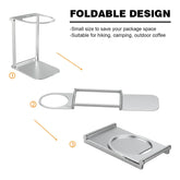 Foldable silver metal cup holder stand shown in three stages: upright, partially collapsed, and fully flat, with text highlighting its compact design for hiking and camping.