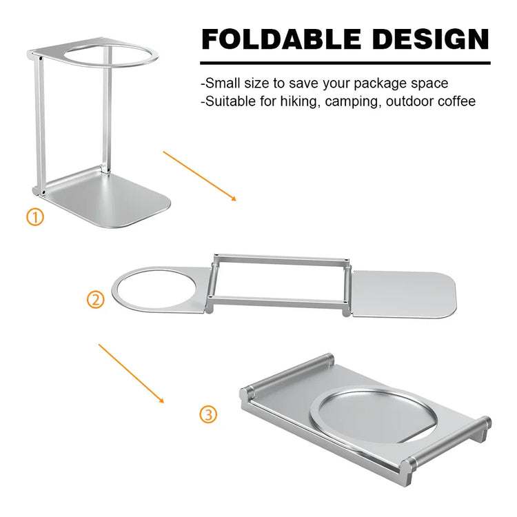 Foldable silver metal cup holder stand shown in three stages: upright, partially collapsed, and fully flat, with text highlighting its compact design for hiking and camping.