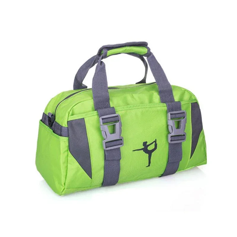 Green and gray nylon duffel bag with adjustable straps and a dancer silhouette print
