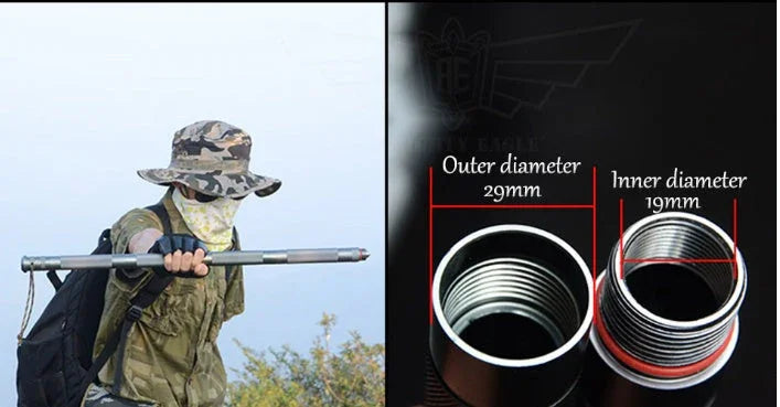 Person in camo hat, green outdoor clothing, and tactical gear holding metal staff, with close-up of metal tube dimensions.