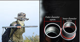 Person in camo hat, green outdoor clothing, and tactical gear holding metal staff, with close-up of metal tube dimensions.