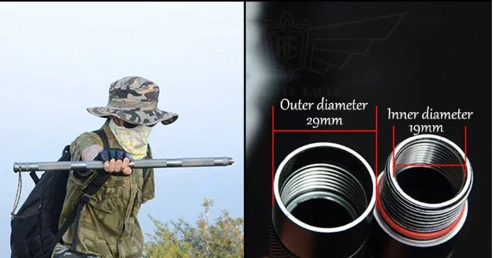 Person in camo hat, green outdoor clothing, and tactical gear holding metal staff, with close-up of metal tube dimensions.