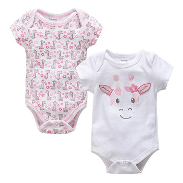 Set of two short-sleeve cotton baby bodysuits, one with pink giraffe print, one with giraffe face graphic, both with snap closures and soft material.