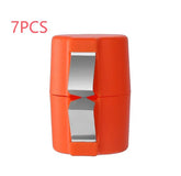 Compact orange wire stripping tool with metal blades, plastic body, and ergonomic design