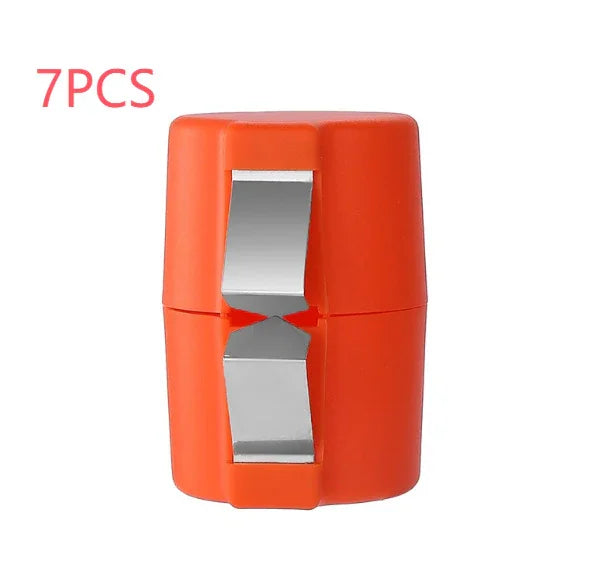 Compact orange wire stripping tool with metal blades, plastic body, and ergonomic design