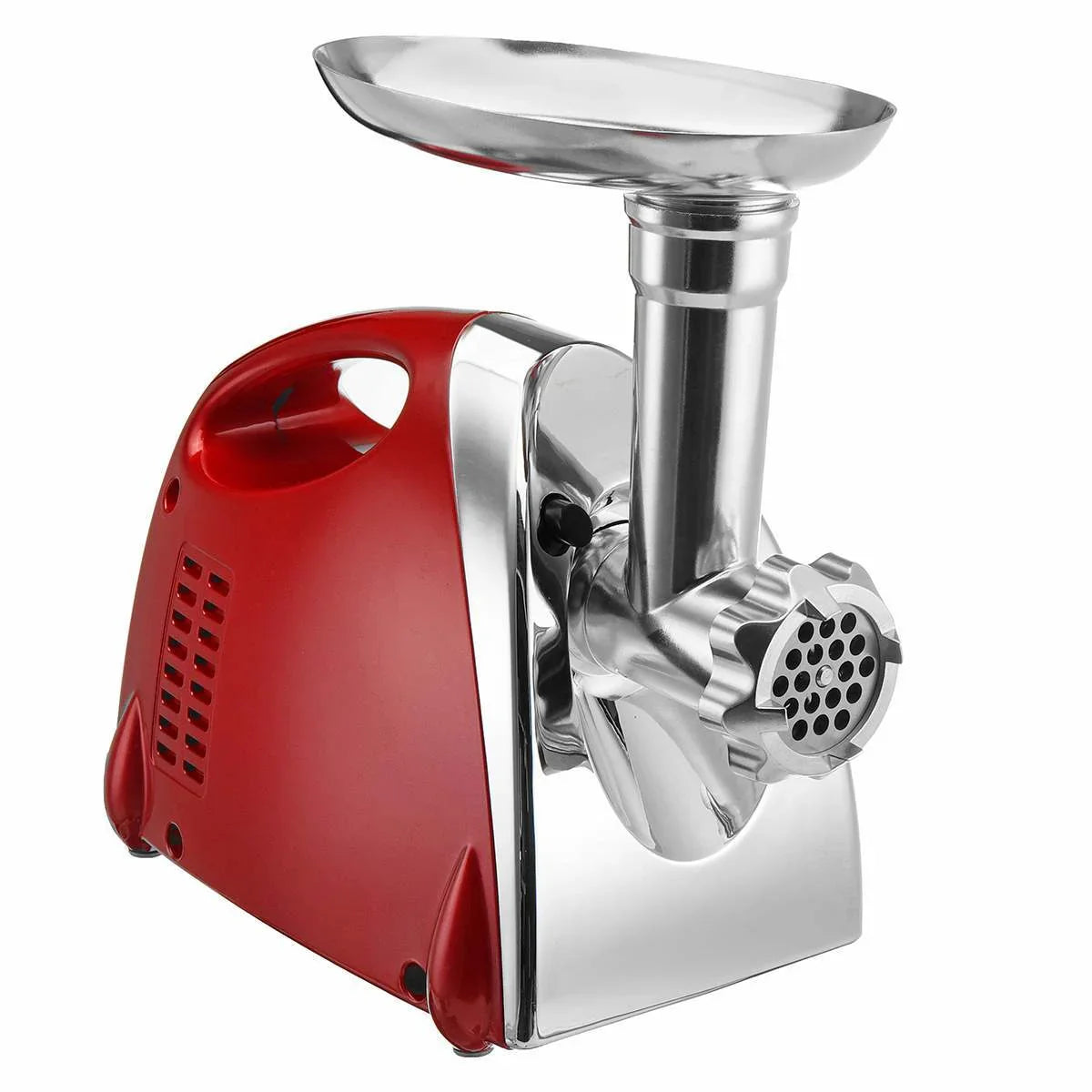 Stainless steel and red electric meat grinder with modern, compact design on white background.