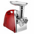 Red and silver electric meat grinder with stainless steel components on white background