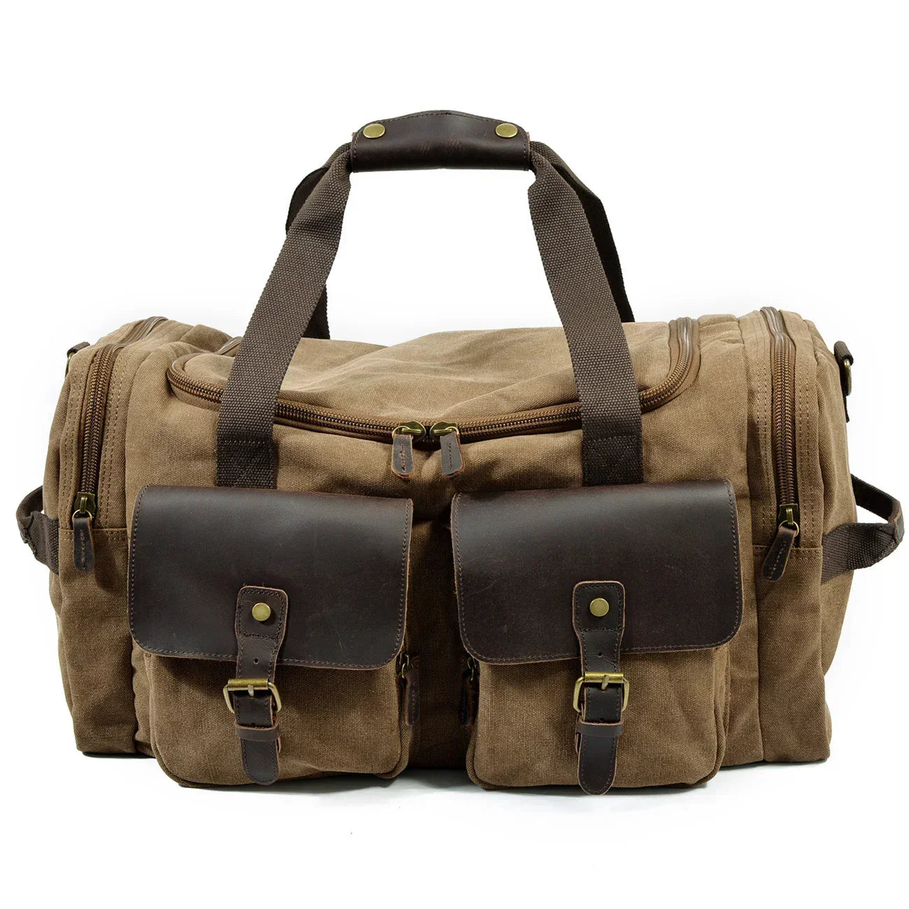 Brown canvas and leather duffle bag with multiple pockets and adjustable handles