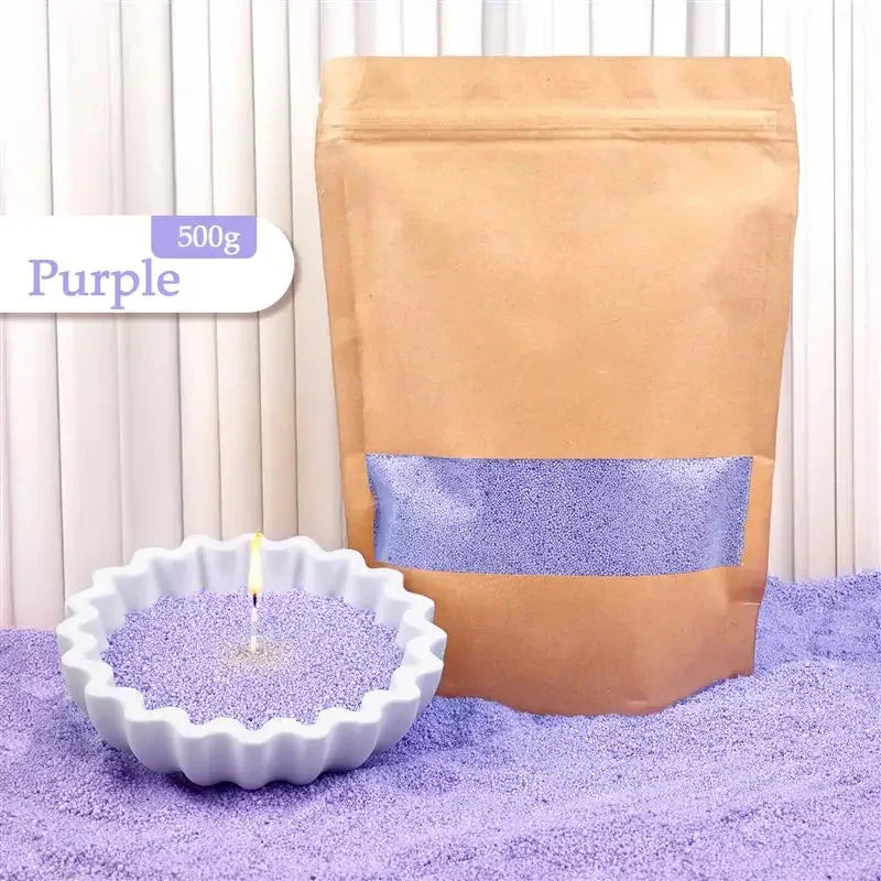 Purple candle sand in a scalloped white bowl, kraft pouch packaging, granular texture