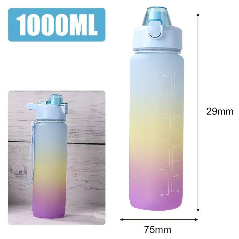 Gradient pastel plastic water bottle with flip-top lid, 1000ml, slim fit, durable material