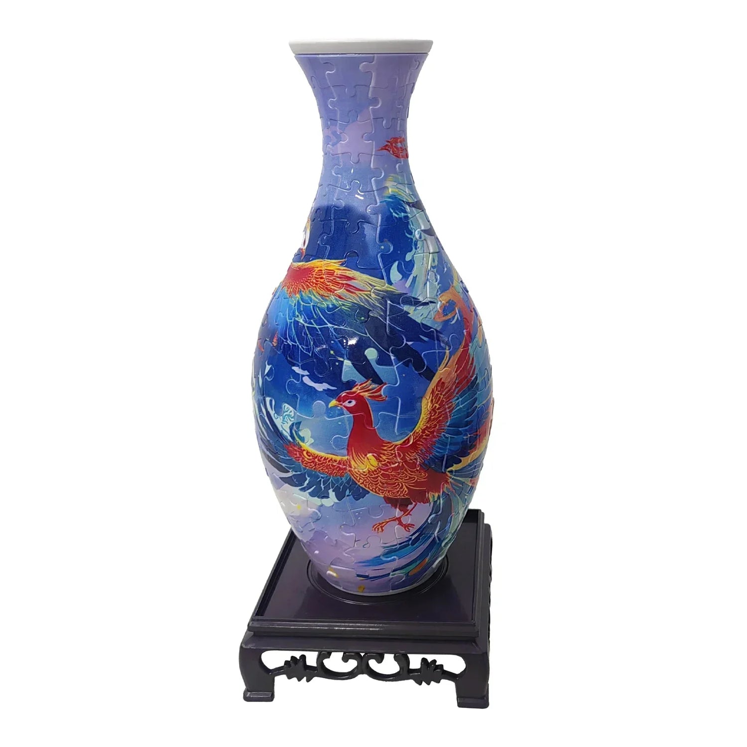 Colorful 3D puzzle vase with vibrant phoenix and blue background on a black display stand