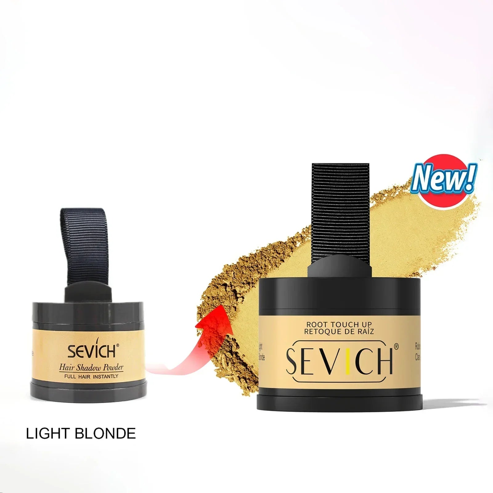 Light blonde hair shadow powder for root touch up, compact round container, matte finish.
