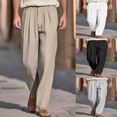 Men’s loose fit pleated trousers in beige, white, black, and light gray, lightweight fabric.