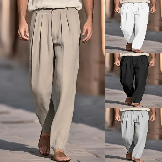 Men’s loose fit pleated trousers in beige, white, black, and light gray, lightweight fabric.