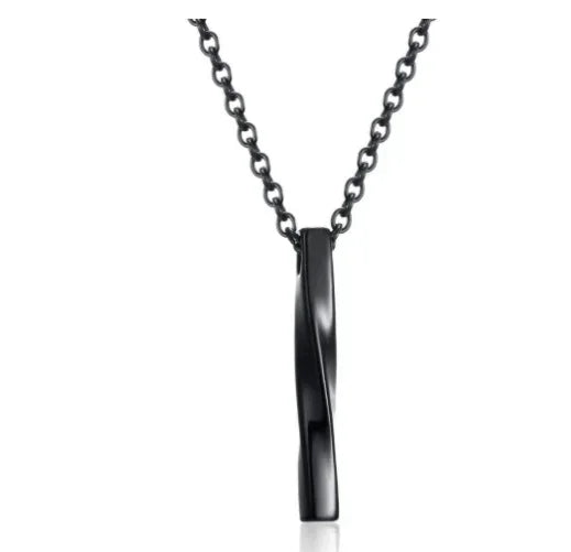 Black twisted metal pendant necklace with chain, modern minimalist style
