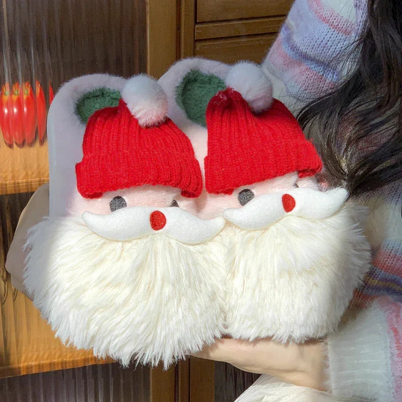 Fuzzy Santa Claus slippers with red knit hats, plush white beards, and cozy fit