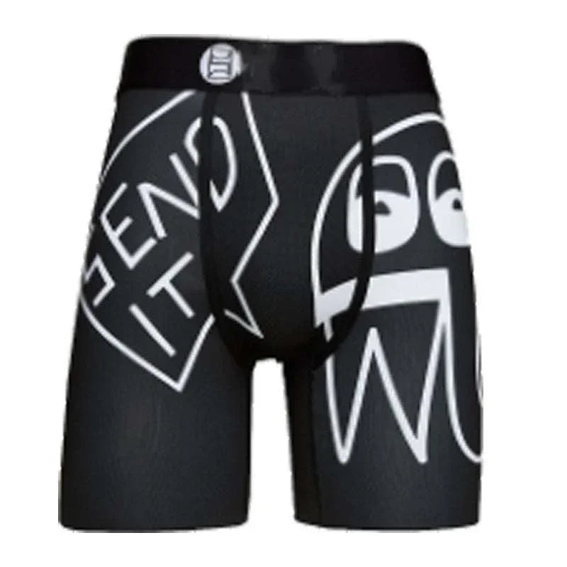 Black fitted boxer briefs with bold white graphic print and elastic waistband