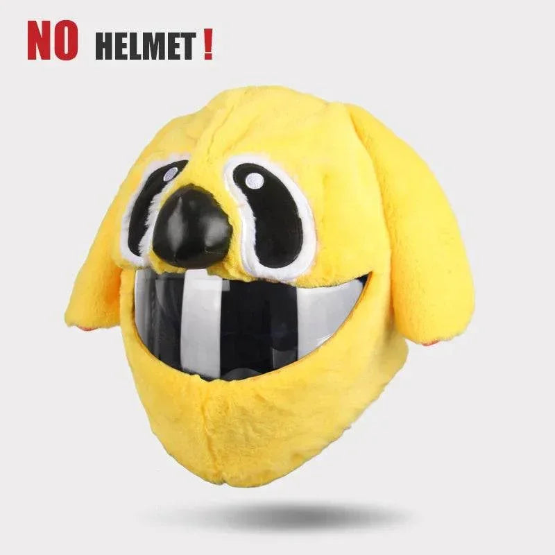 Yellow plush dog-inspired helmet cover with big eyes and faux teeth, soft novelty design