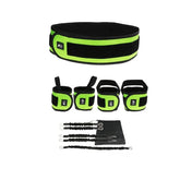 Neon green and black adjustable fitness resistance band set with padded cuffs and belt.