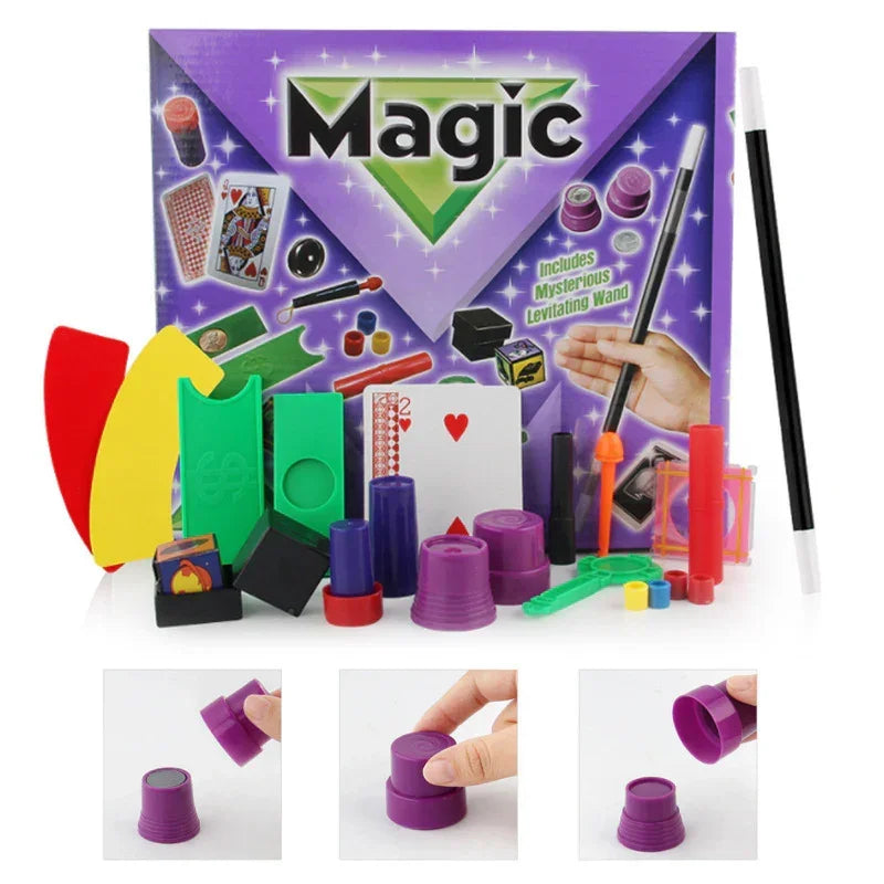 Colorful kids magic trick set with playing cards, cups, wand, and plastic props