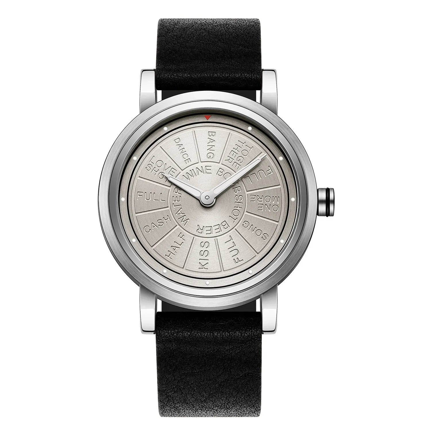 Minimalist silver watch with unique engraved dial and black leather strap, modern style.