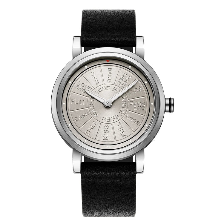 Minimalist silver watch with unique engraved dial and black leather strap, modern style.