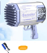 Futuristic silver and purple bubble gun toy with multiple nozzles, includes accessories.