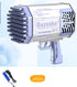 Futuristic silver and purple bubble gun toy with multiple nozzles, includes accessories.
