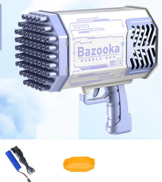 Futuristic silver and purple bubble gun toy with multiple nozzles, includes accessories.