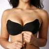 Black strapless adhesive bra with front lace-up detail, smooth silicone material, snug fit