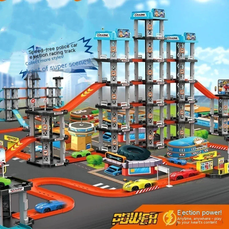 Multi-level toy racing track with colorful ramps, miniature cars, and city buildings.