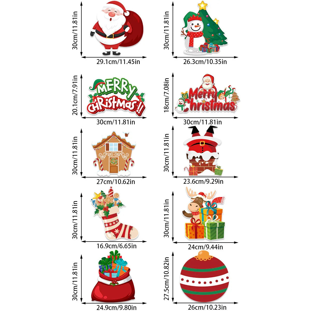 Set of colorful Christmas-themed wall decals including Santa, snowman, tree, stockings, gifts, gingerbread house, and ornament, with size measurements displayed, featuring festive holiday designs.