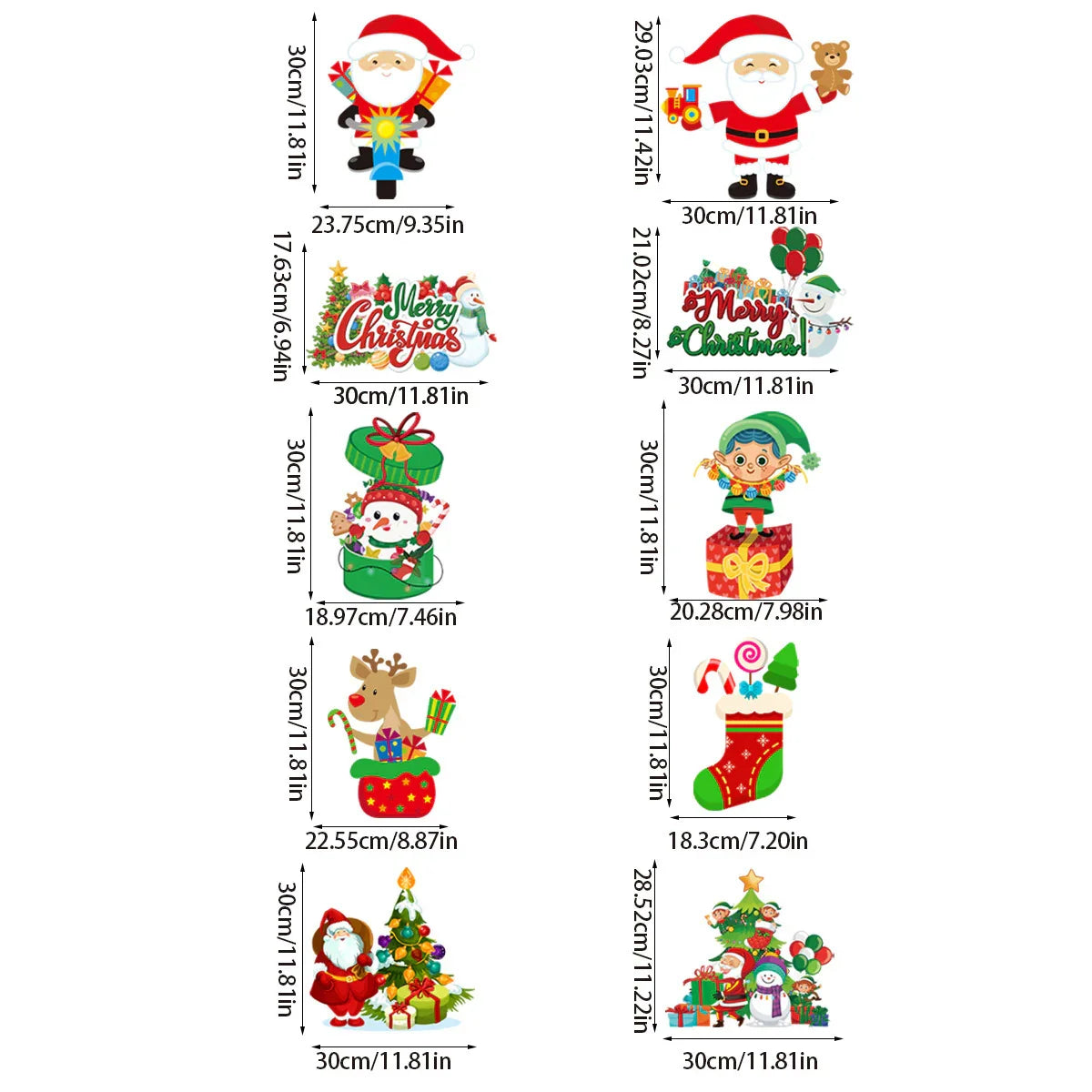 Assorted Christmas-themed decor cutouts featuring Santa, snowman, elf, reindeer, tree, and stockings in vibrant colors with labeled dimensions.