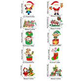 Assorted Christmas-themed decor cutouts featuring Santa, snowman, elf, reindeer, tree, and stockings in vibrant colors with labeled dimensions.